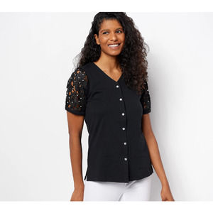 QUACKER FACTORY Floral Pearl & Lace Snap Front Elbow Sleeve Cardigan Black S